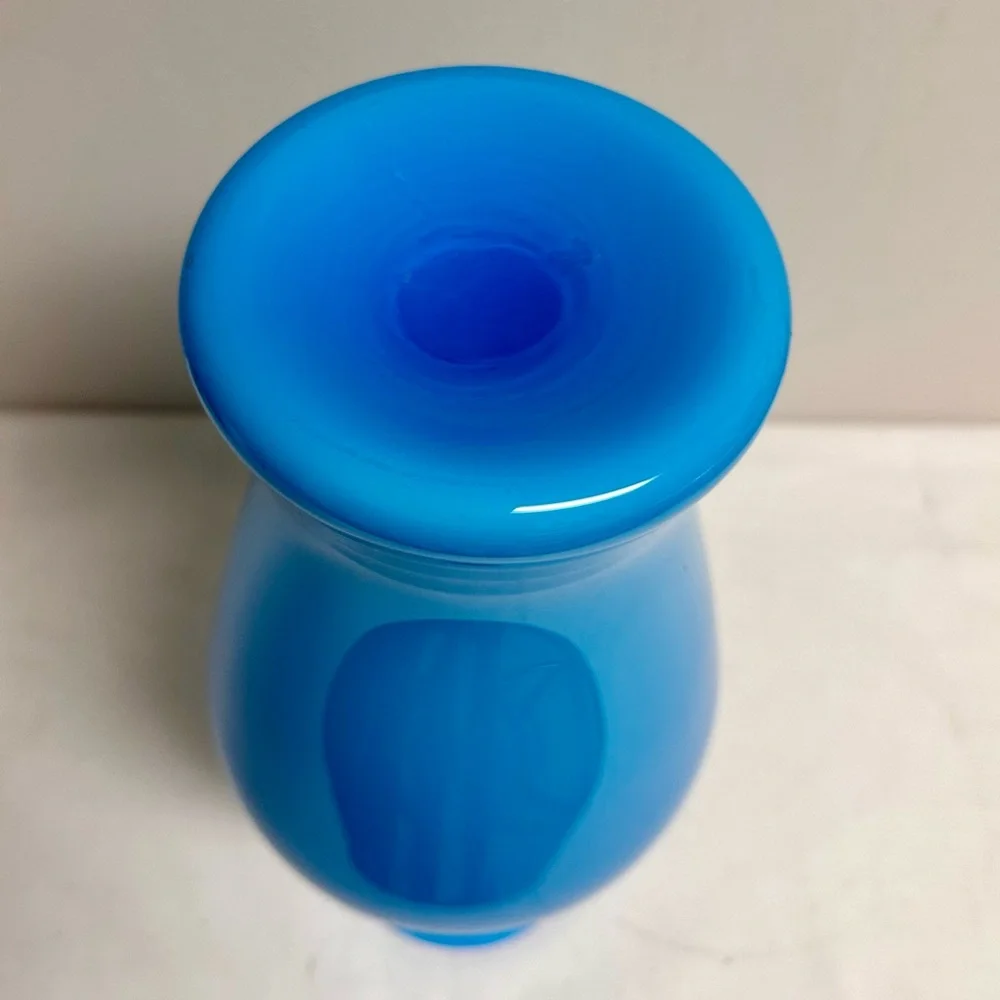Mid-Century Cased Turquoise Blue Opaline Ginger Jar Blown Glass Tall Vase 14”H